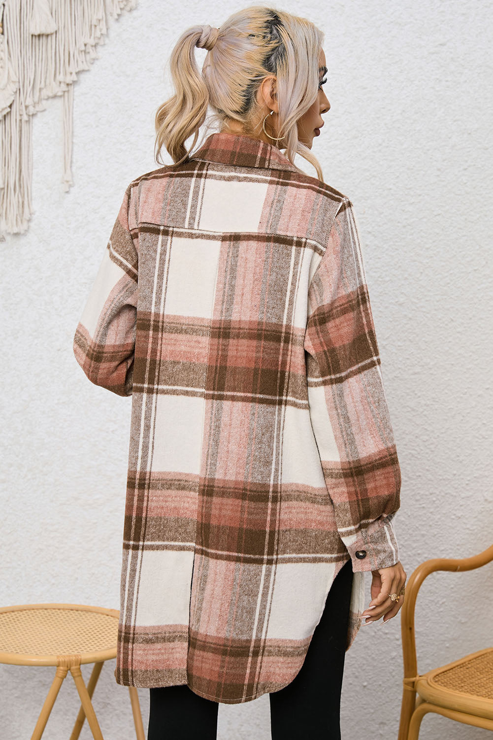 Brown Plaid Print Flap Pockets Long Shacket