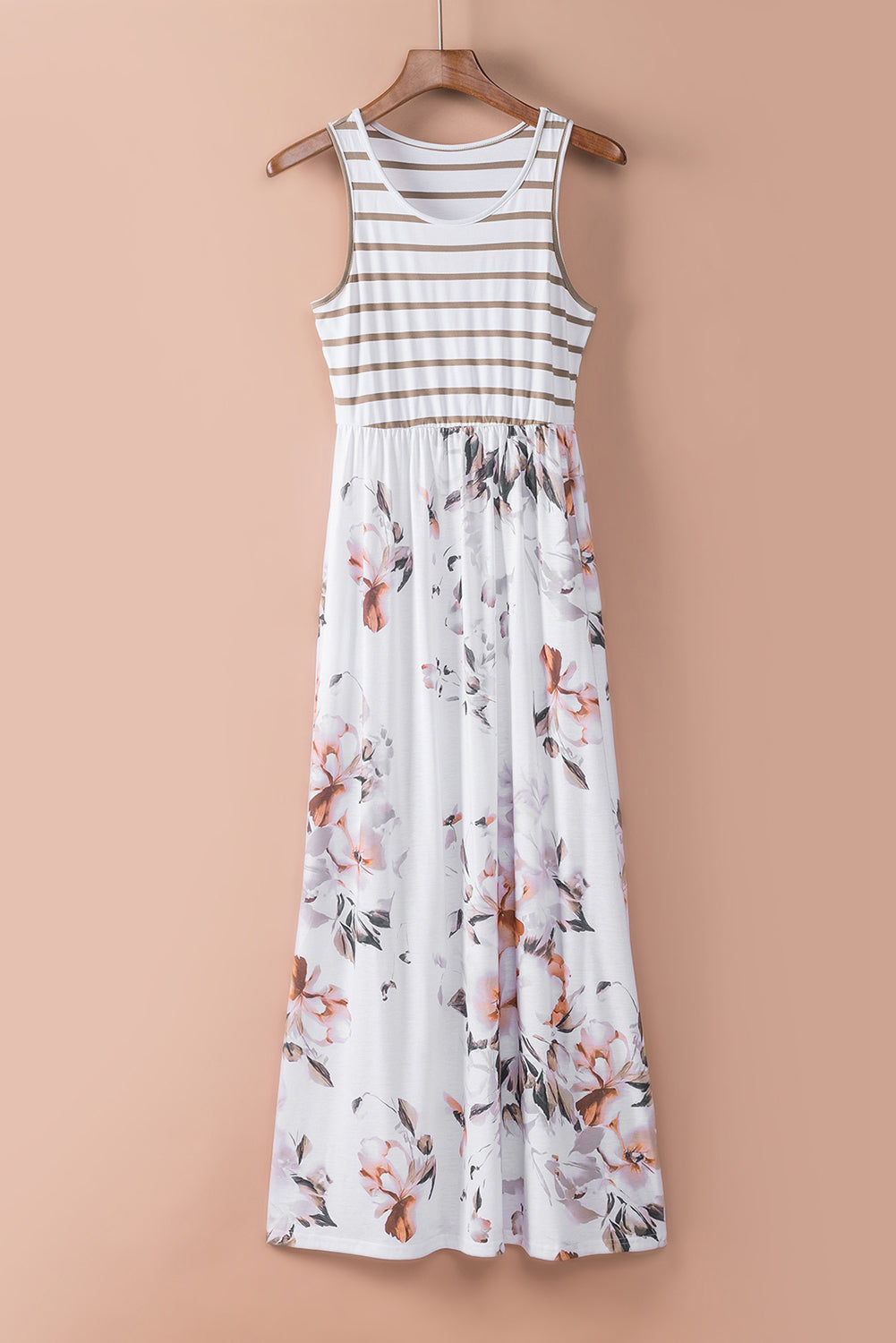 White Striped Floral Print Sleeveless Maxi Dress with Pocket