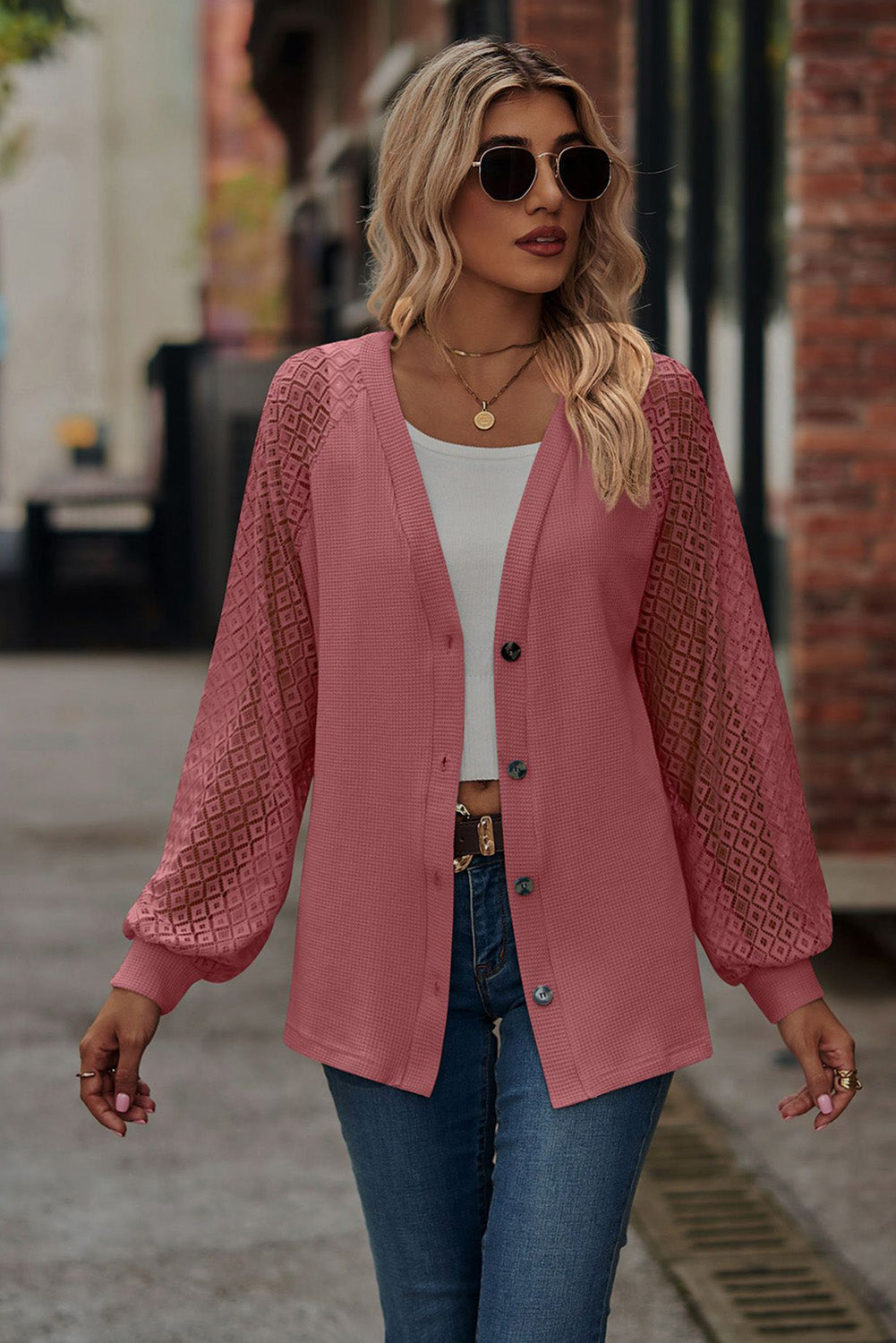 Waffled Knit Lace Long Sleeve Buttoned Cardigan