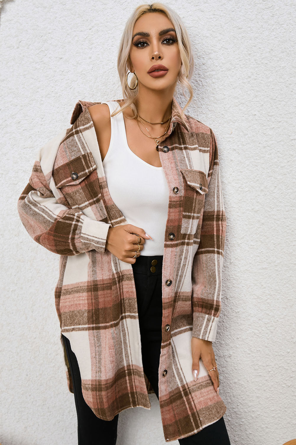 Brown Plaid Print Flap Pockets Long Shacket