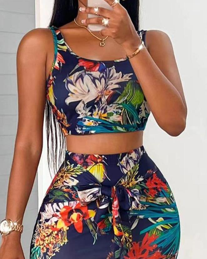 Summer Fashion Tropical Print Skirt Set