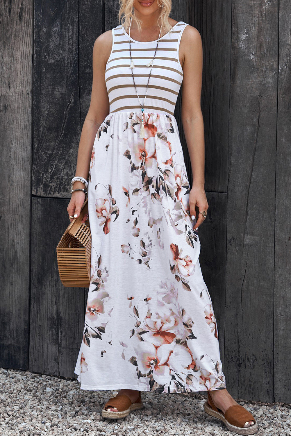 White Striped Floral Print Sleeveless Maxi Dress with Pocket