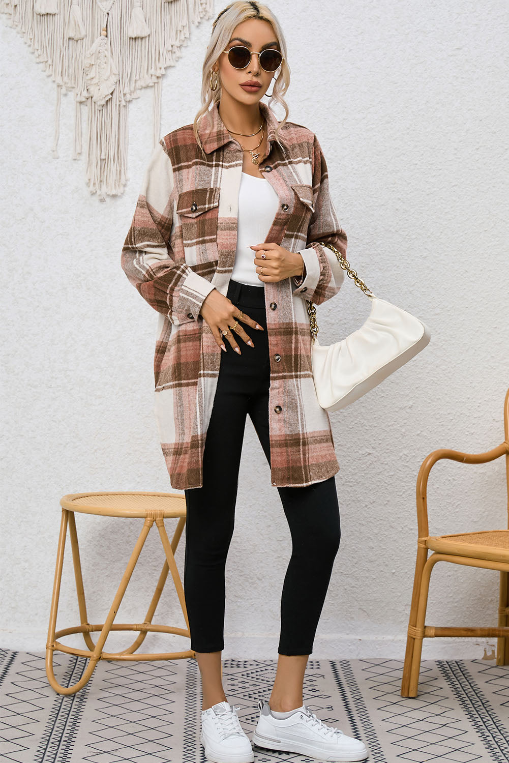 Brown Plaid Print Flap Pockets Long Shacket