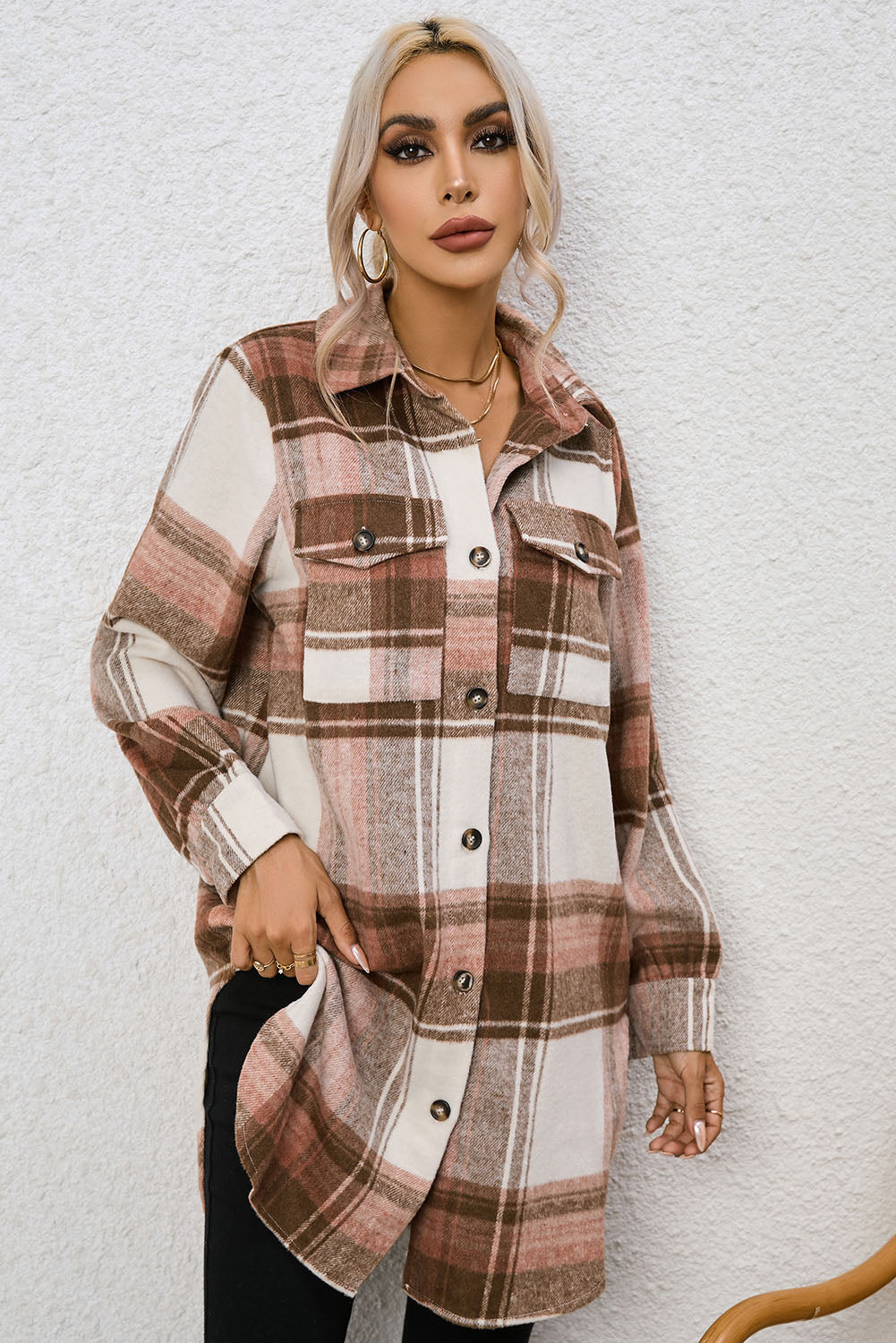 Brown Plaid Print Flap Pockets Long Shacket