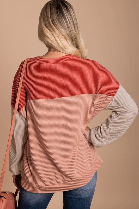 Red Color Block Long Sleeve Ribbed Loose Top